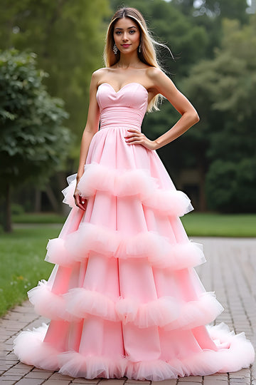 Rose Une ligne chérie longue robe de bal en tulle à volants